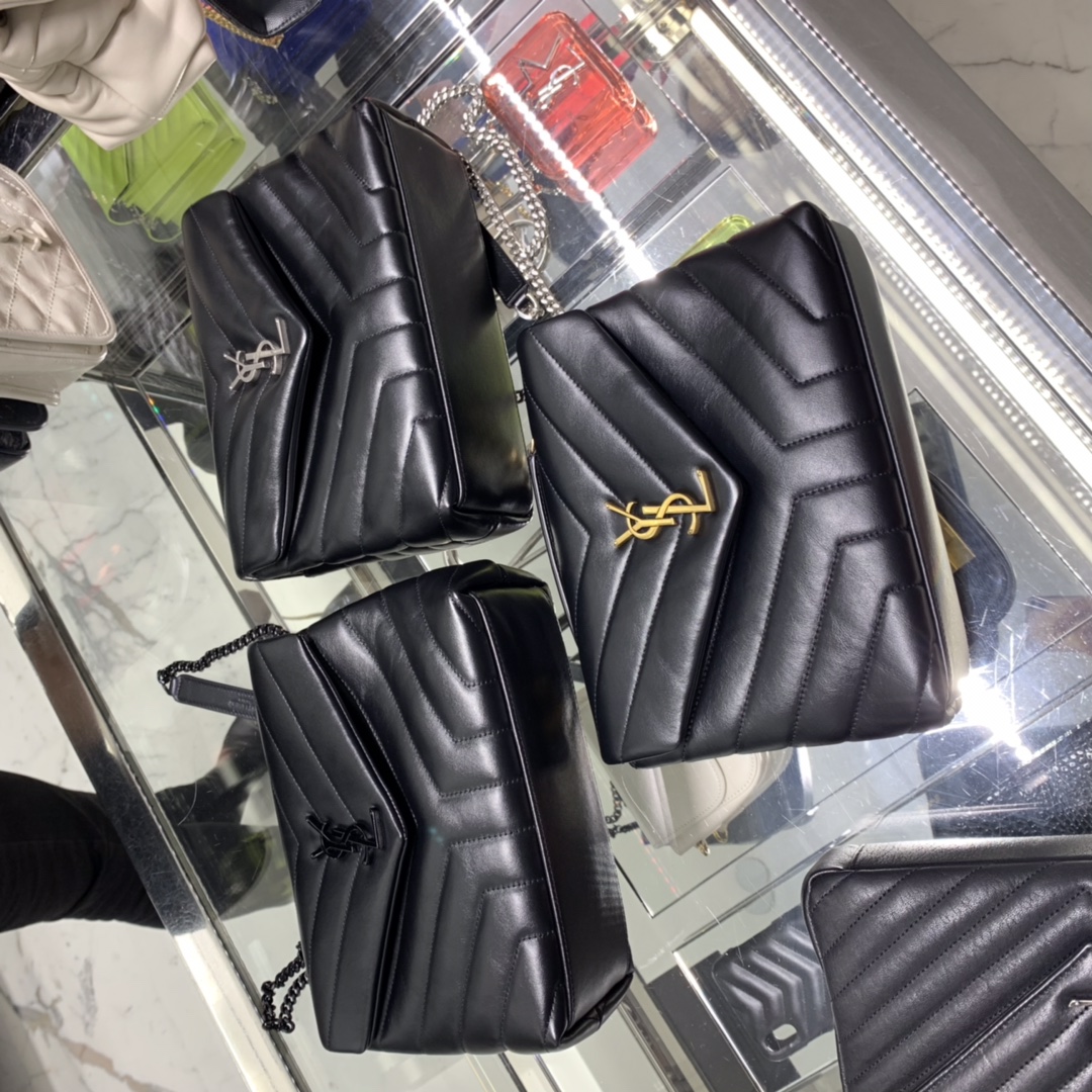 YSL LOULOU 23CM Y型绗缝链条包 494699黑色/银扣