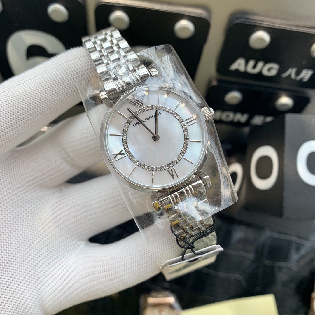 Armani Reloj de mujer Armani con banda de acero con diamantes modelo AR1908 plateado, reloj de cuarzo con ban…