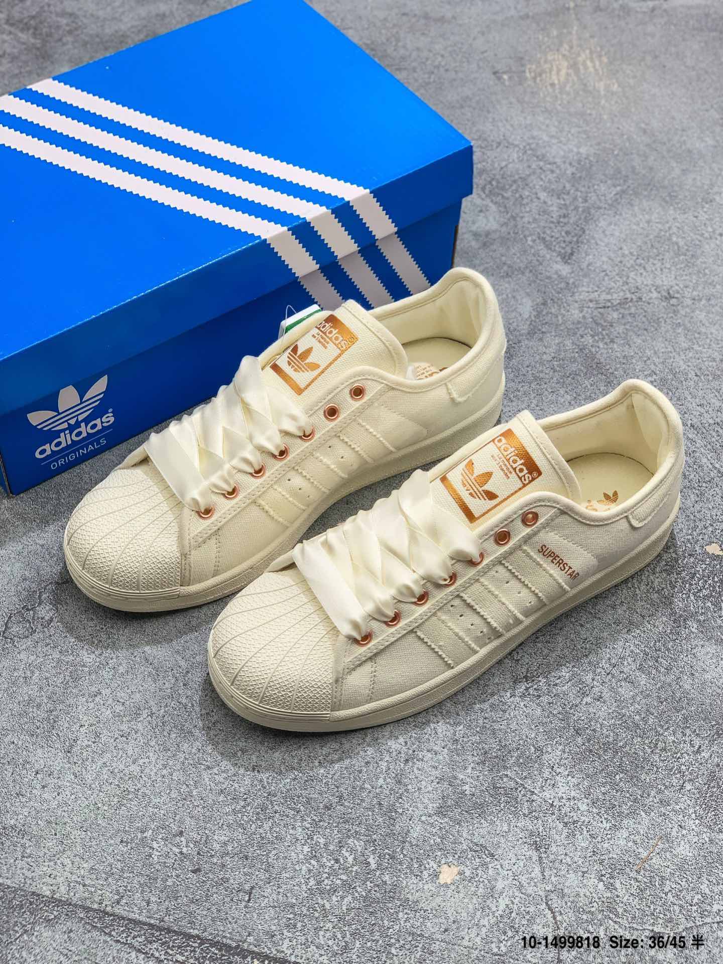 100 真标 半码贝壳头系列Adidas/阿迪达斯 Superstar Rize W 丝绸鞋带 三叶草 贝壳头低帮帆布板鞋