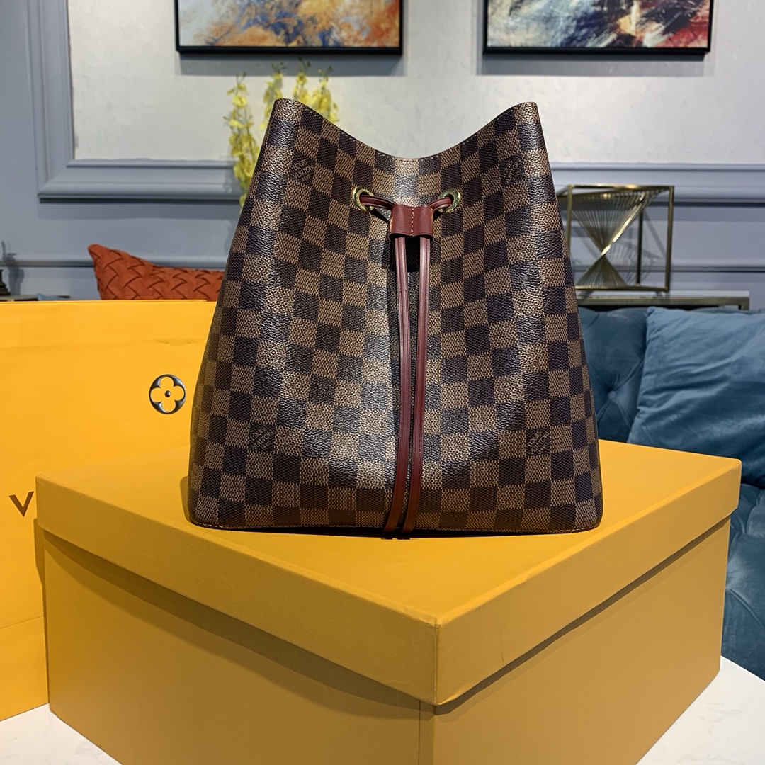 Luxury Fake
 Louis Vuitton LV NeoNoe Bucket Bags Coffee Color Monogram Canvas Calfskin Cowhide Spring Collection M40214