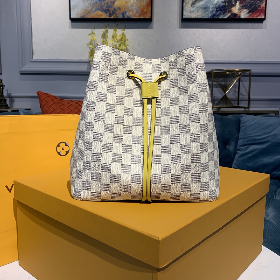 Louis Vuitton LV NeoNoe Bucket Bags White Damier Azur Calfskin Canvas Cowhide Spring Collection M40214