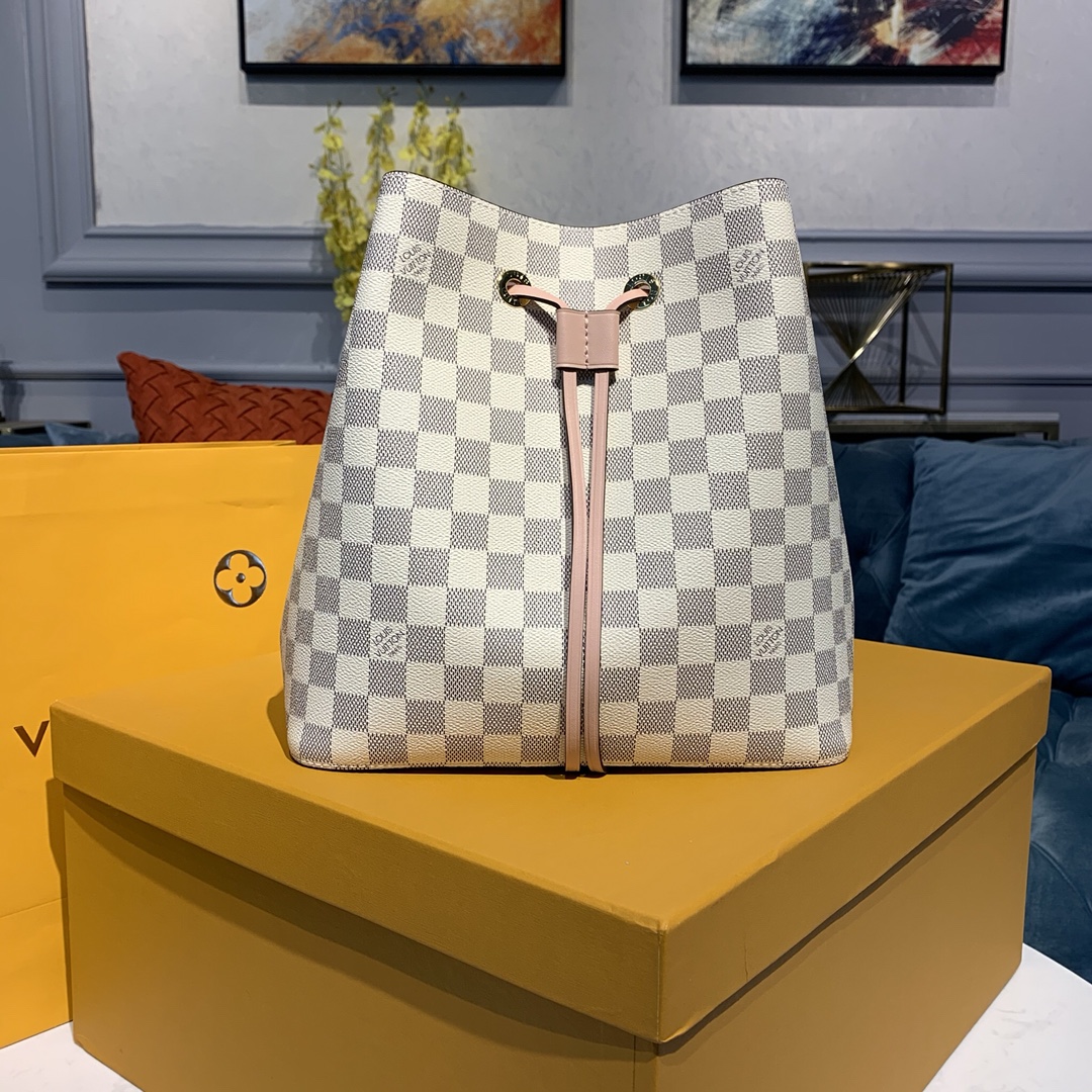 Louis Vuitton LV NeoNoe Bucket Bags White Damier Azur Calfskin Canvas Cowhide Spring Collection M40214