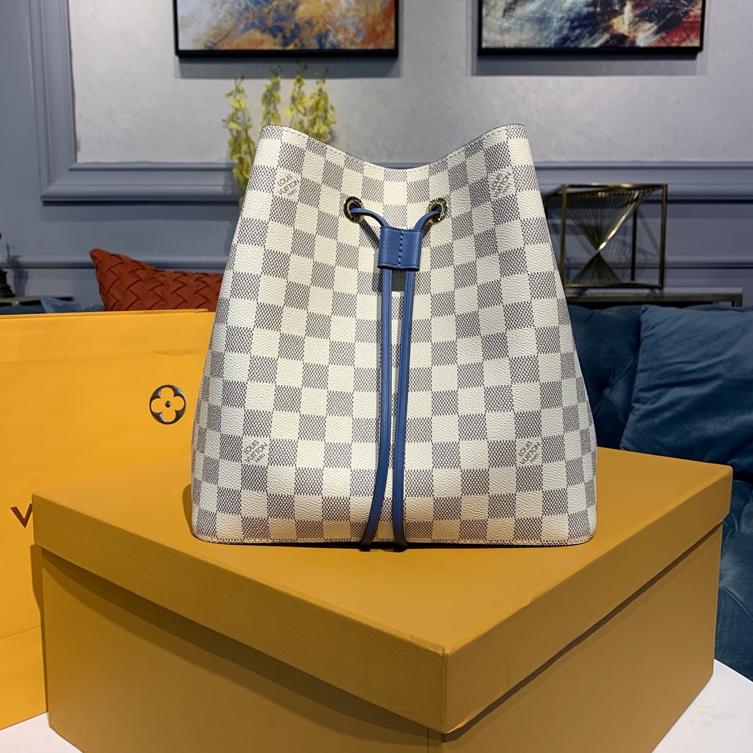 Luxury Cheap Replica
 Louis Vuitton LV NeoNoe Bucket Bags White Damier Azur Calfskin Canvas Cowhide Spring Collection M40214