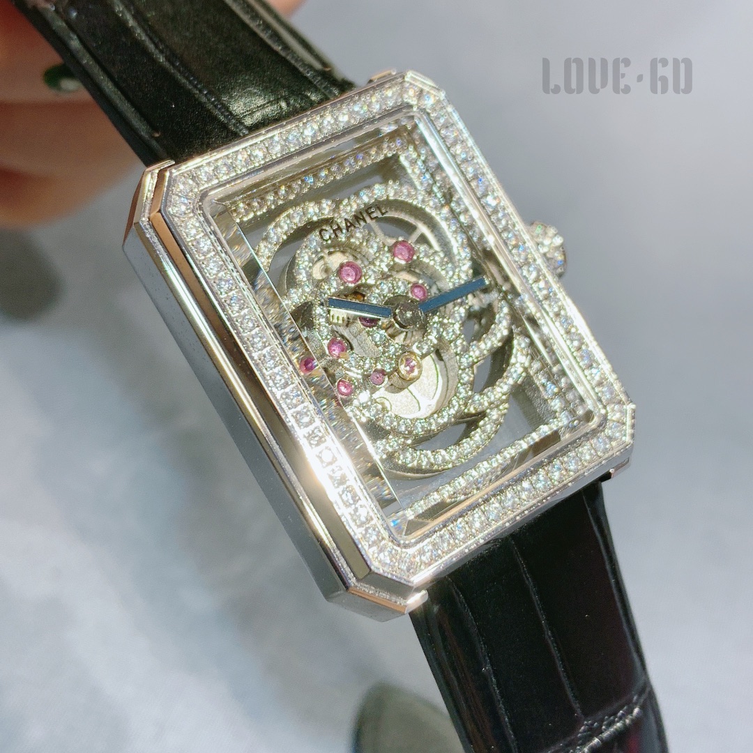 Chanel Premiere Camellia Skeleton diamond-set rose gold case, diamond bezel, skeleton dial, black leather strap 37mm Women's Automatic