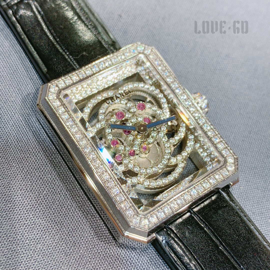 Chanel Premiere Camellia Skeleton diamond-set rose gold case, diamond bezel, skeleton dial, black leather strap 37mm Women's Automatic
