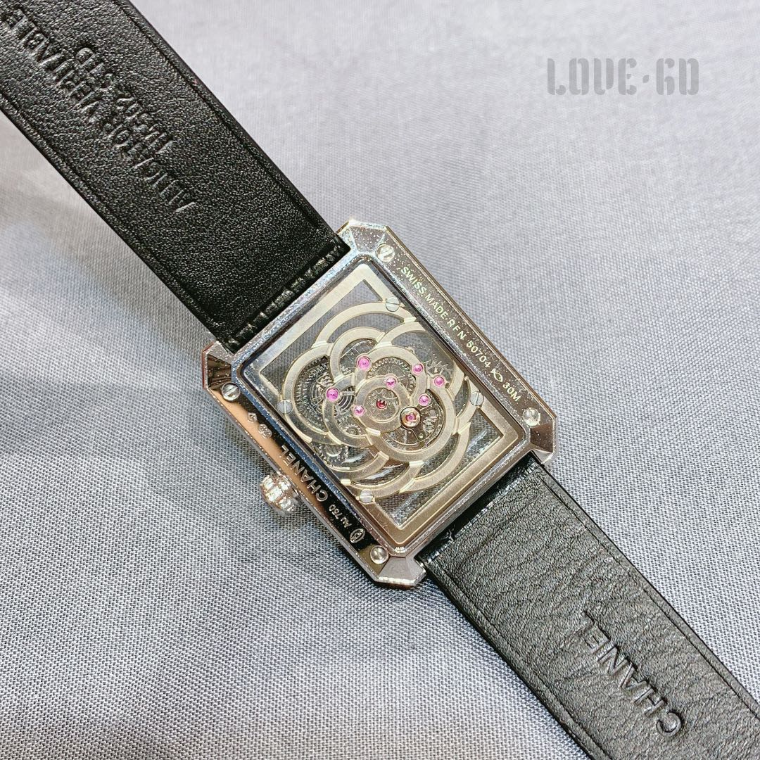 Chanel Premiere Camellia Skeleton diamond-set rose gold case, diamond bezel, skeleton dial, black leather strap 37mm Women's Automatic