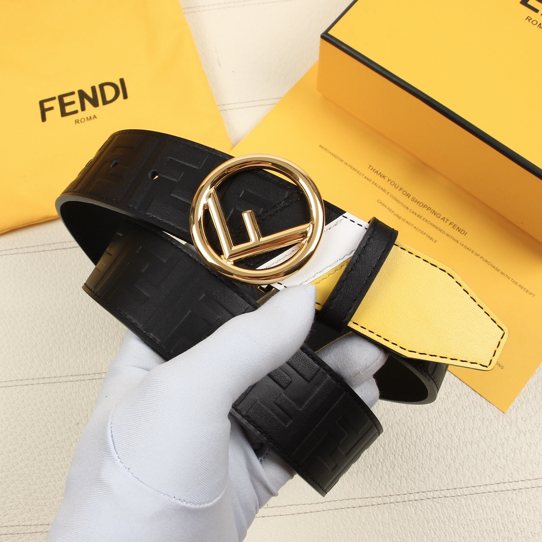 FENDI宽38MM标志造型宽皮带进口原版小牛皮制成印有浮雕黑FF图案镀金表面金属制品品质保证