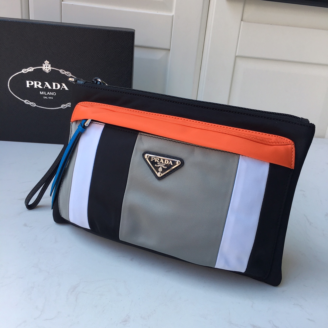 [Prada Wallets]Color block clutch made of high-quality nylon Saffiano leather