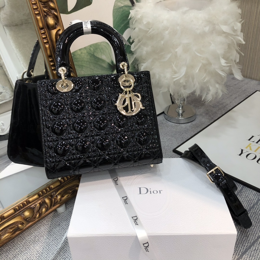 Dior Lady Dior сумка ручной работы из черной лакированной телячьей кожи с узором каннаж