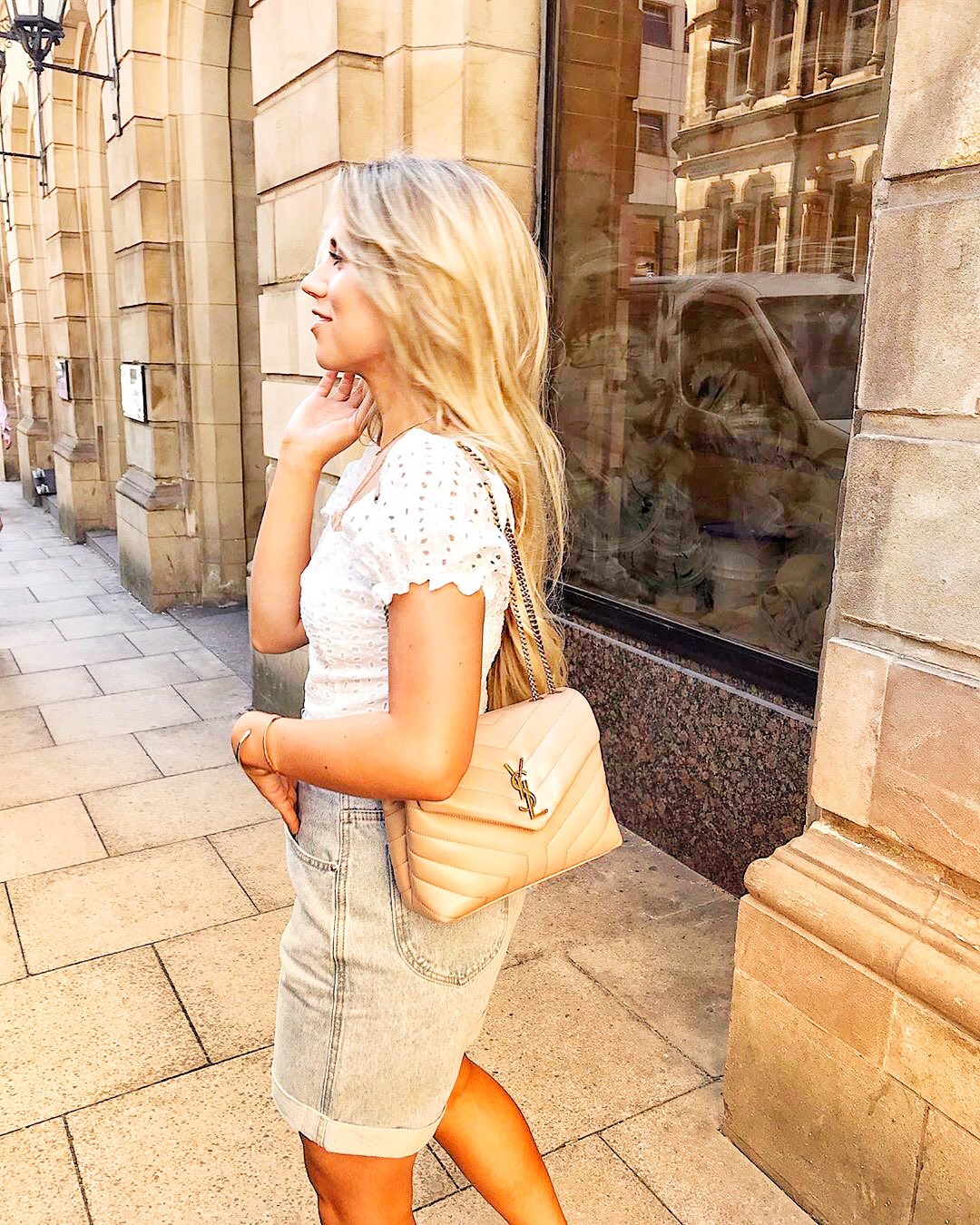 YSL LOULOU 23CM Y型绗缝链条包 494699杏色/银扣