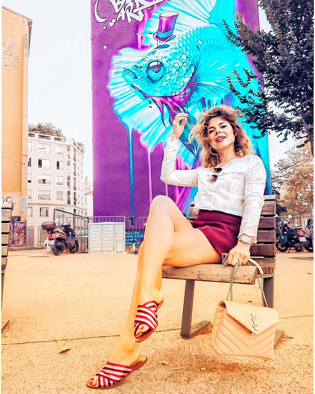 YSL LOULOU 23CM Y型绗缝链条包 494699杏色/银扣