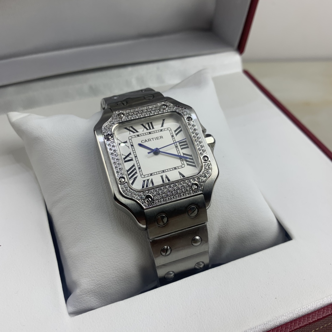 Cartier 皇家 卡地亚山度士女款镶钻钢带款腕表