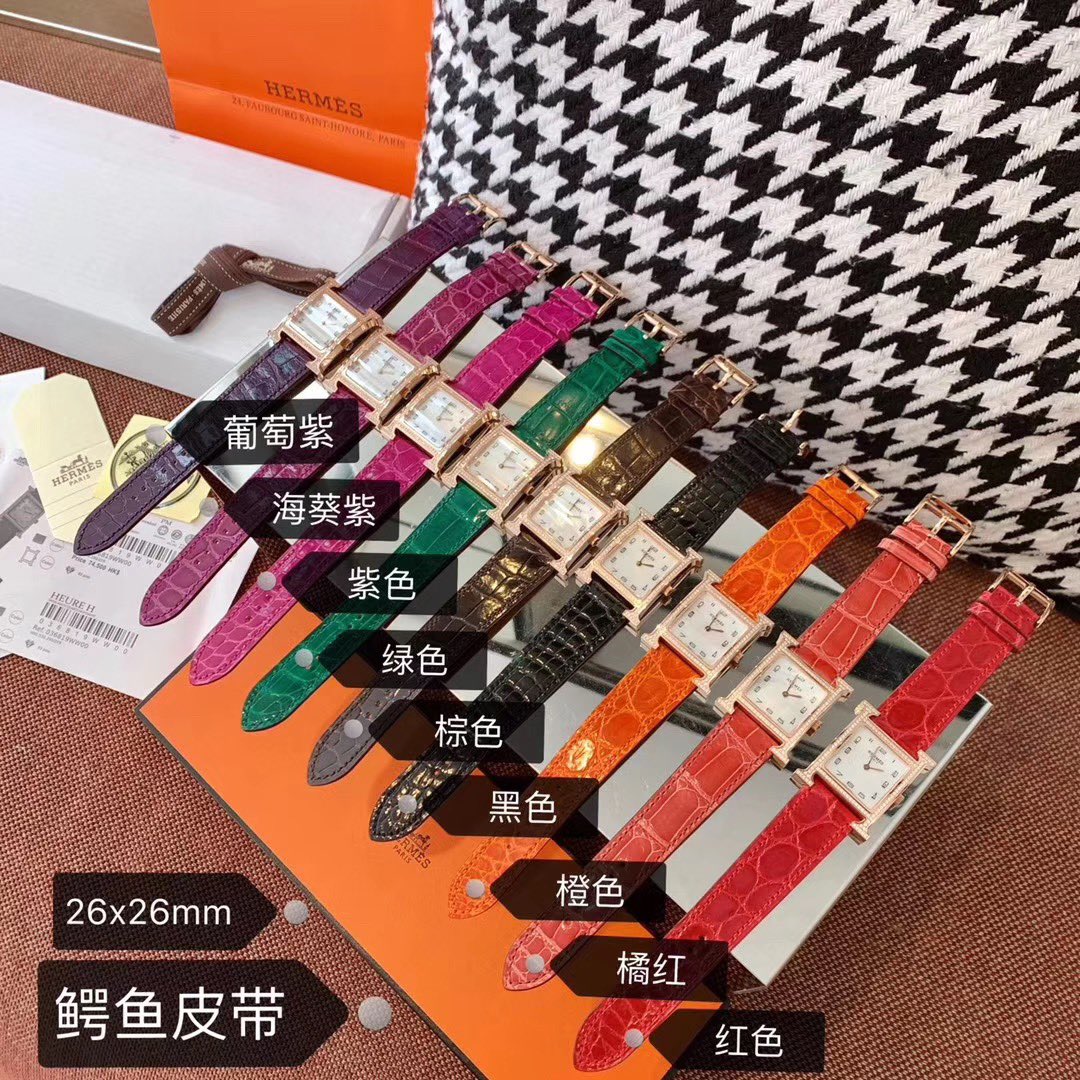 Hermès 爱马仕镶钻女款，所有表带颜色都标记了，9种颜色鳄鱼皮