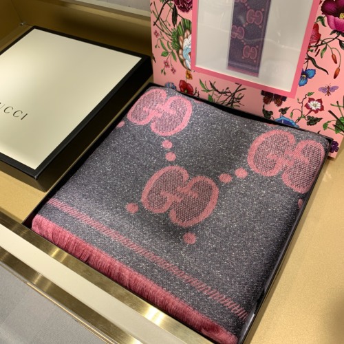 Gucci Wool Scarf with GG Jacquard in Gray and Pink, 45cm x 195cm 1 Gucci Wool Scarf with GG Jacquard in Gray and Pink, 45cm x 195cm