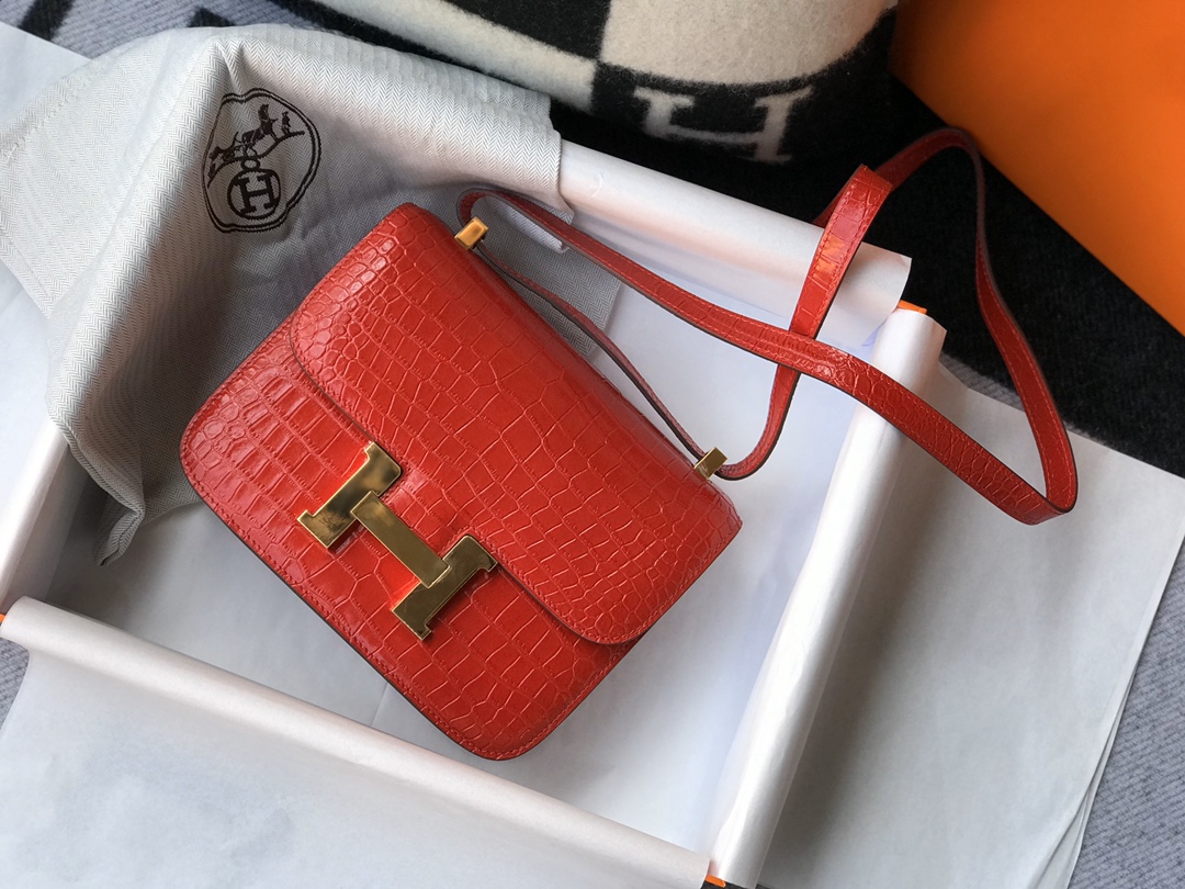 Hermès Constance 18 Crocodile Leather Shoulder Bag, Rouge H with Gold Hardware 4 i1577516607 765 3