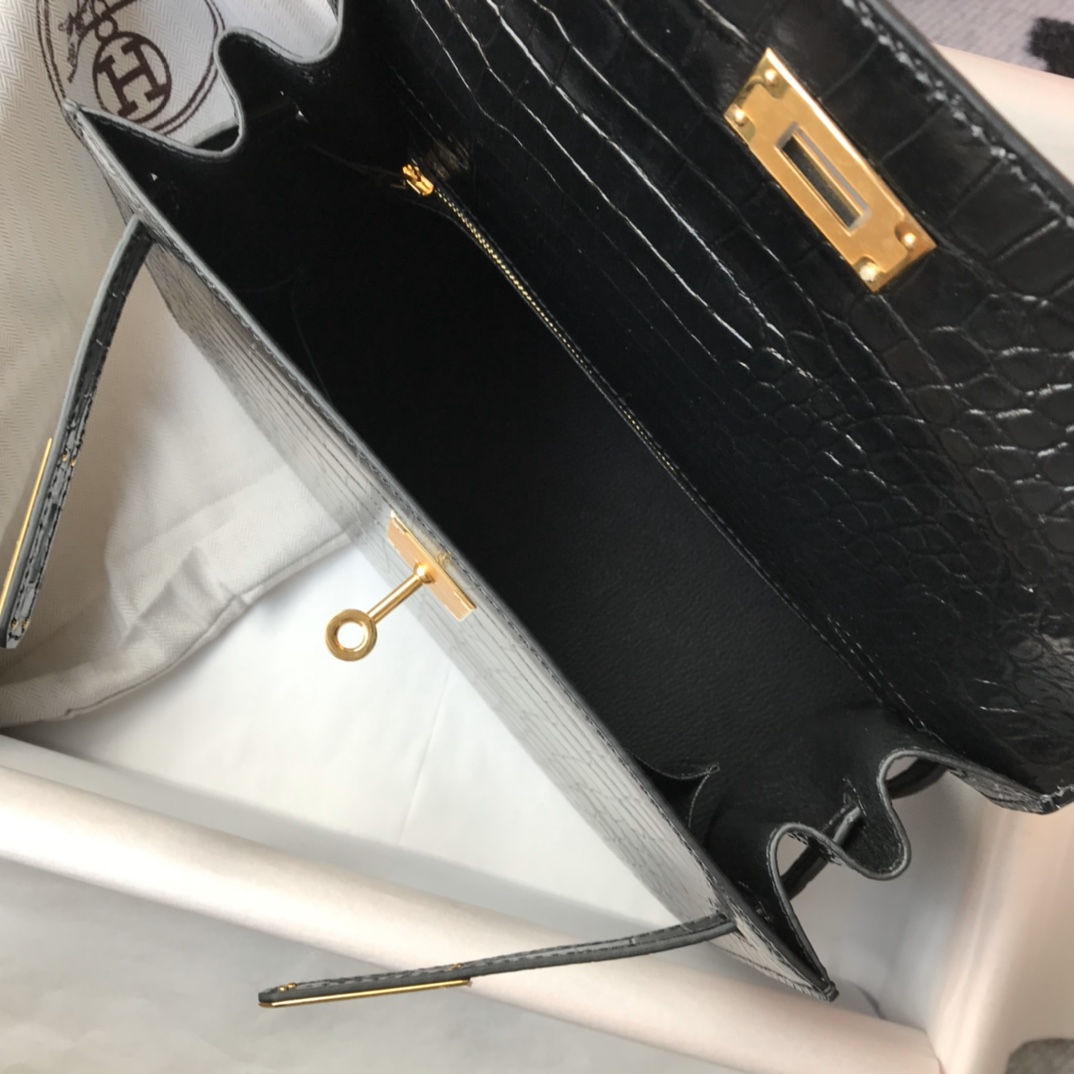 Hermes Kelly 28cm Black Alligator Leather Gold Hardware Satchel Handbag 10 i1577951423 323 8