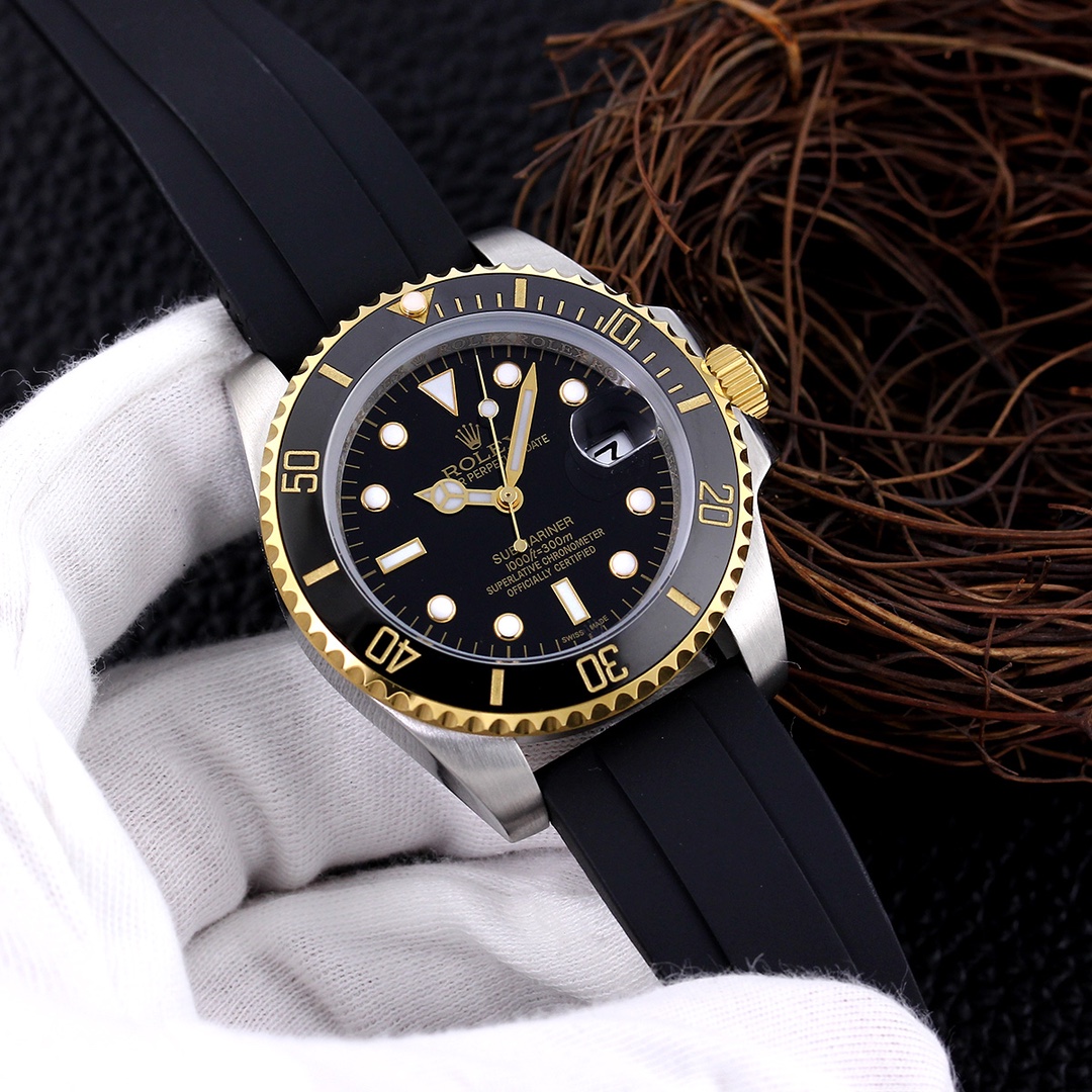 Rolex Submariner Two-Tone Automatic Men's Watch - Black Face, Rubber Strap