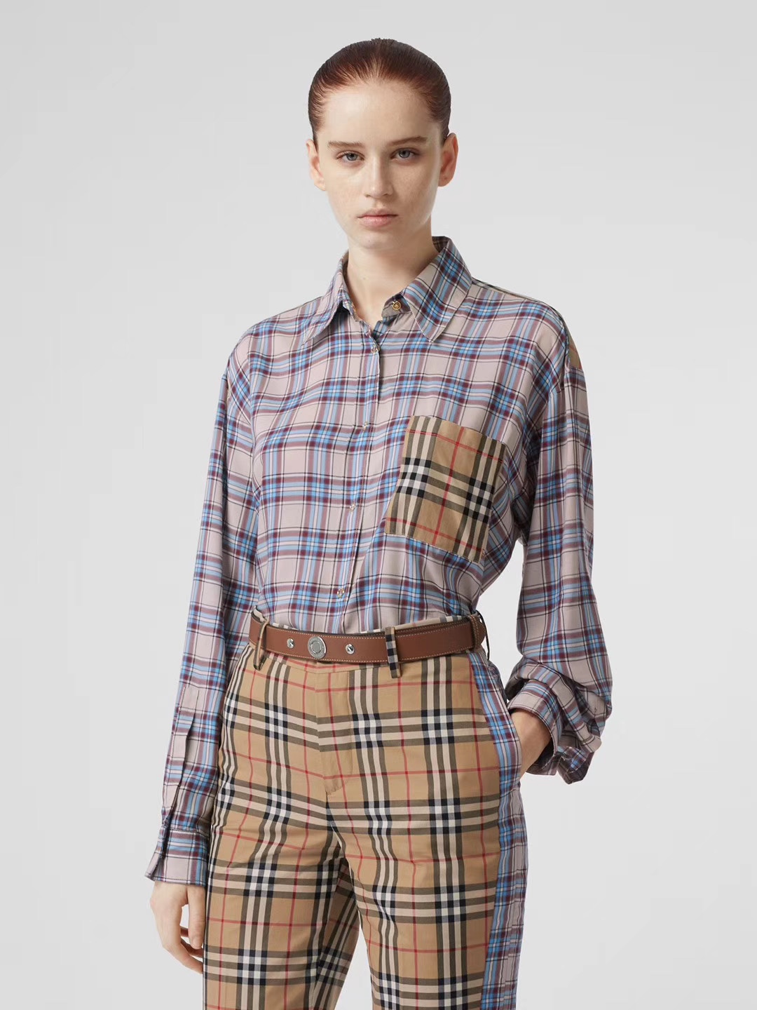 NO:318029,Vintage plaid plaid tulle splicing shirt, same as Zhou Dongyu, size number UK6/8/10/12 (light blue),,shirts,alexander wang19860909Vintage 格纹裁片格纹薄纱拼接衬衫 周冬雨同款 码数UK6/8/10/12（浅蓝色）,,shirts,alexander wang,Women's clothing
