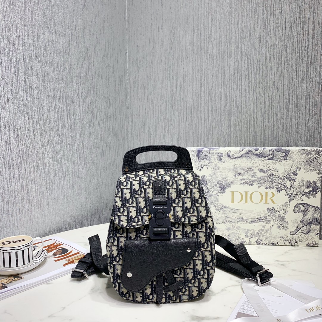 Dior Backpack Saddle Bags Black Blue Navy Cowhide Nylon Oblique Mini