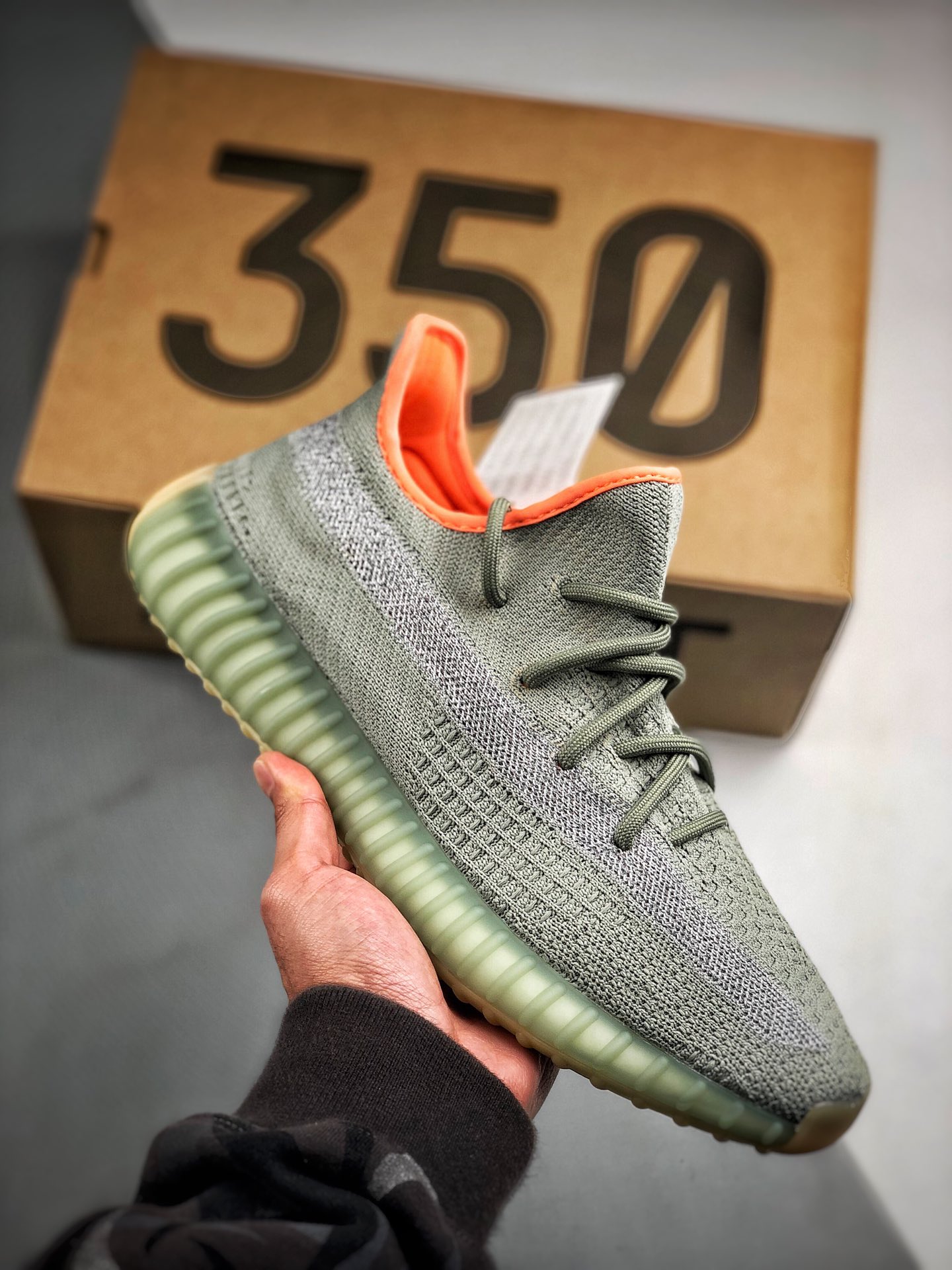 Adidas Yeezy 350 Boost V2 "Desert Sage" 3M gris naranja lateral transparente cielo estrellado pedido designad…