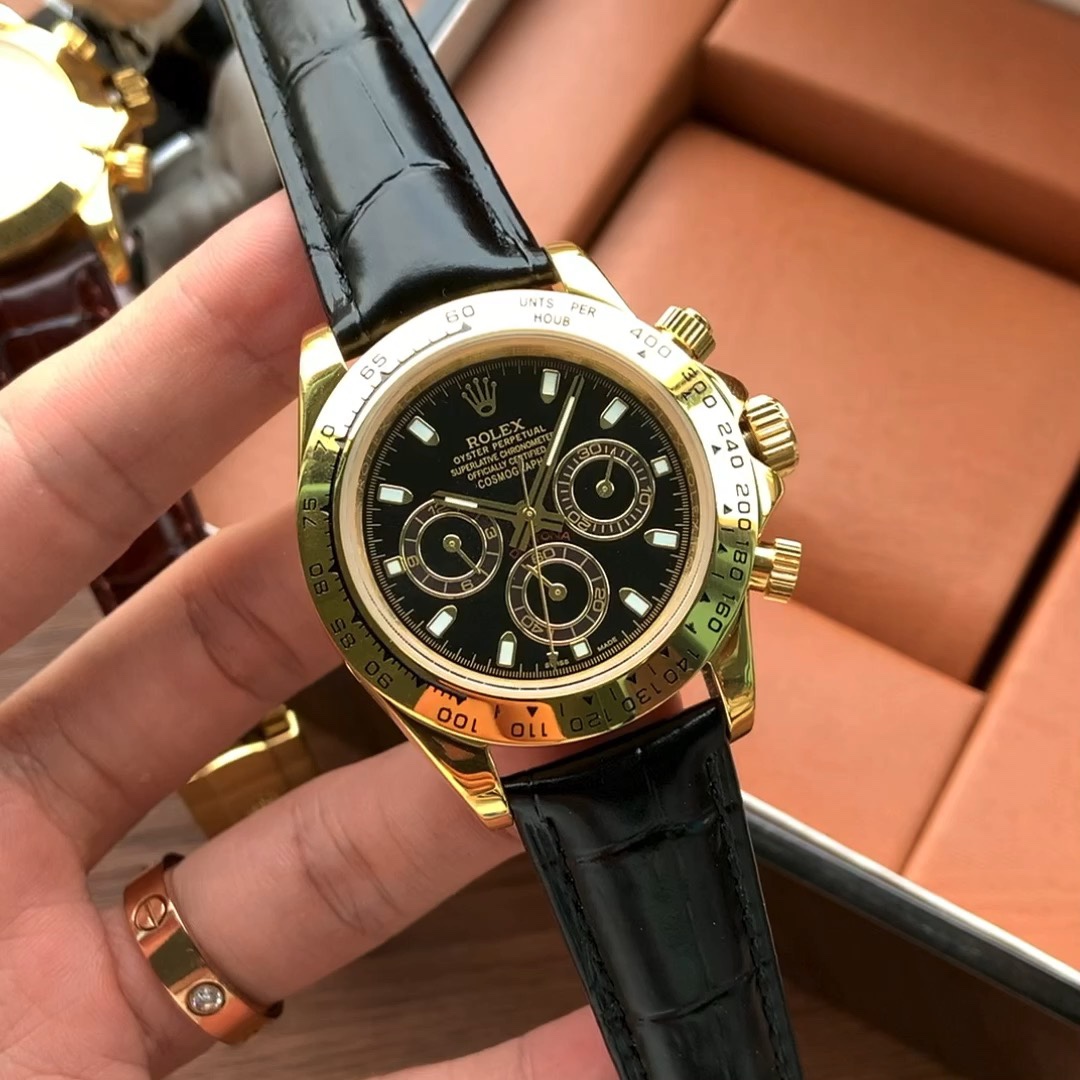 Rolex Daytona Automatic Mechanical Watch - Gold Case, Black Leather Strap