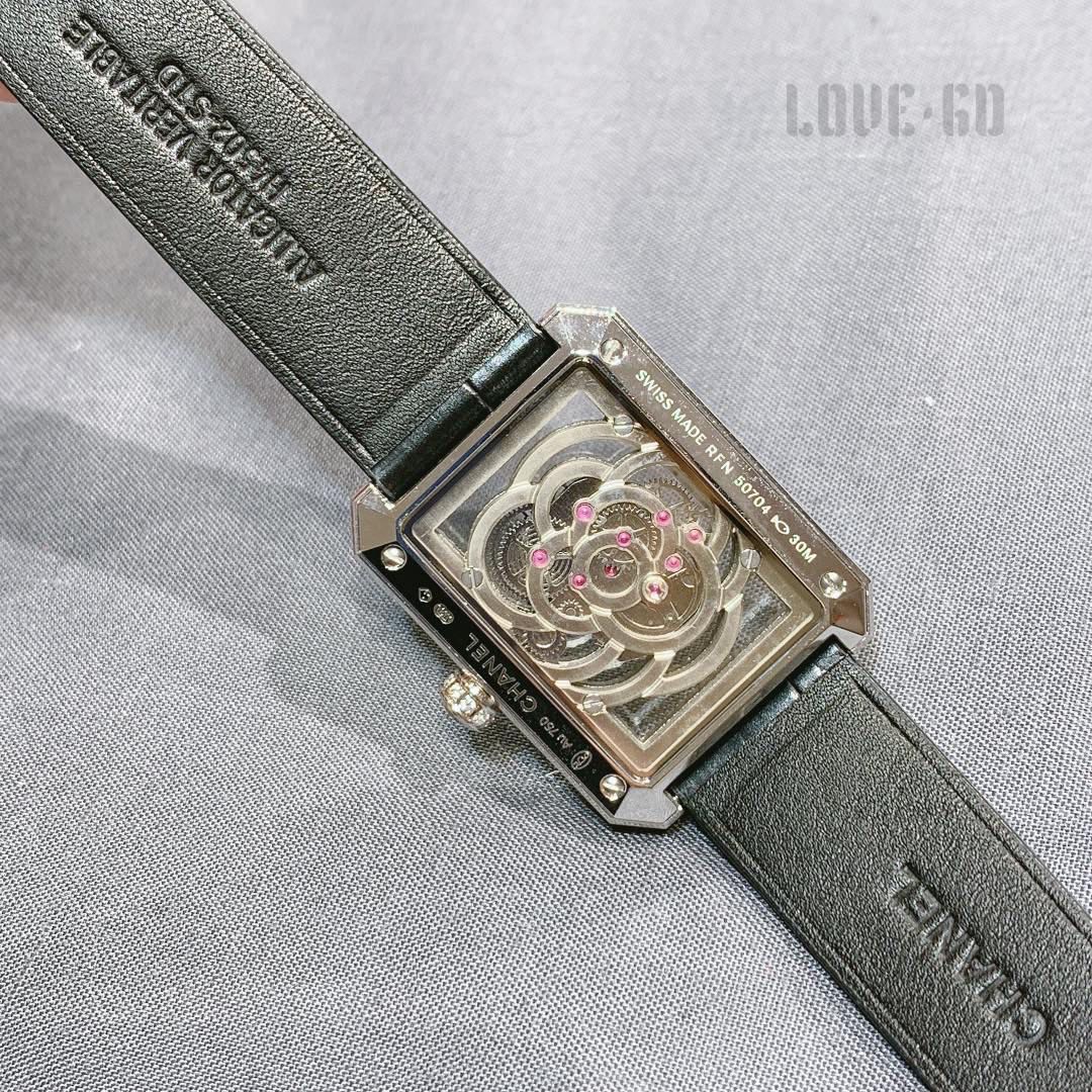 Chanel Premiere Camellia Skeleton white gold diamond-set case and bezel, skeleton dial, black leather strap 26mm Women's Mechanical