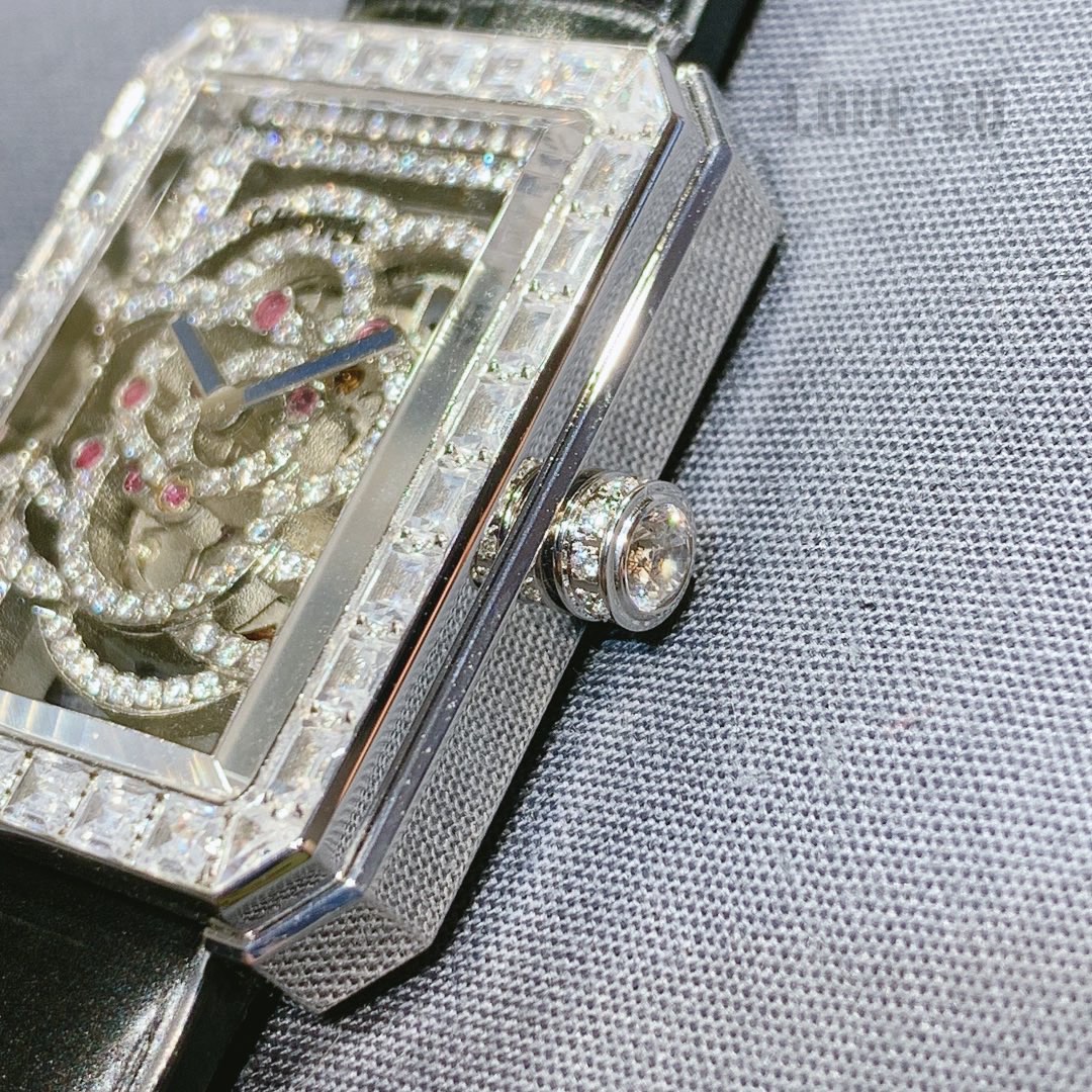 Chanel Premiere Camellia Skeleton white gold diamond-set case and bezel, skeleton dial, black leather strap 26mm Women's Mechanical