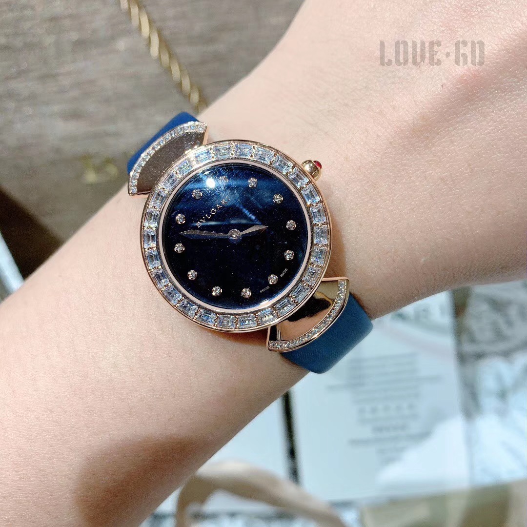BVLGARI Watch Italian Silk Calfskin Hand-set Swarovski Crystals Ruby Crown Mother-of-Pearl Dial Starry Sky Dial - Top Quality