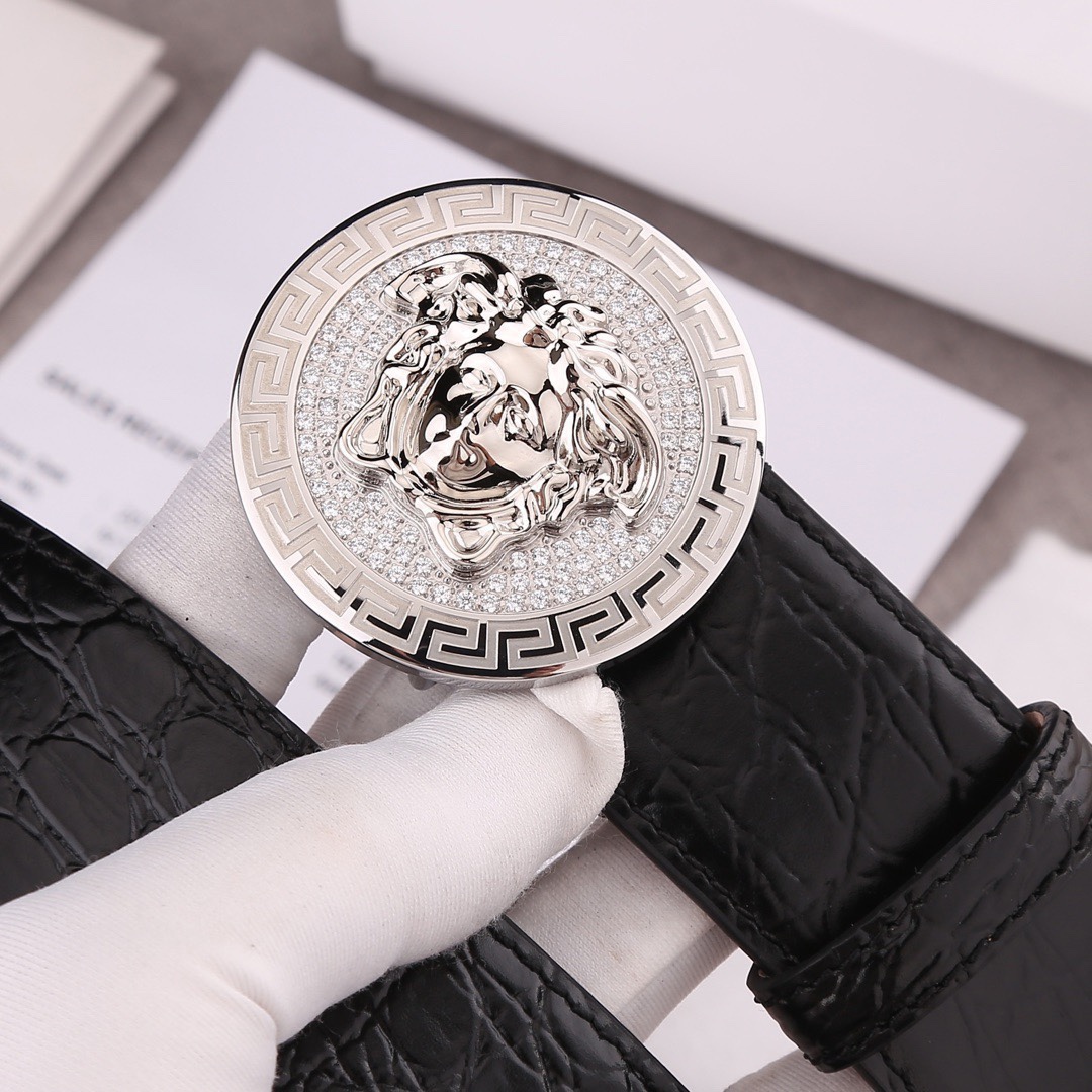 VERSACE（范思哲）爆款石头纹/双面头层 搭配纯钢镶钻男士腰带4.0mm