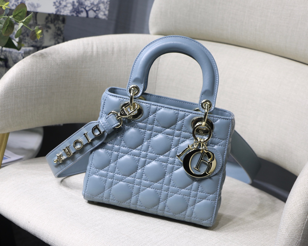 DIOR 戴妃包 霧霾藍 藤格紋 徽章 寬肩帶