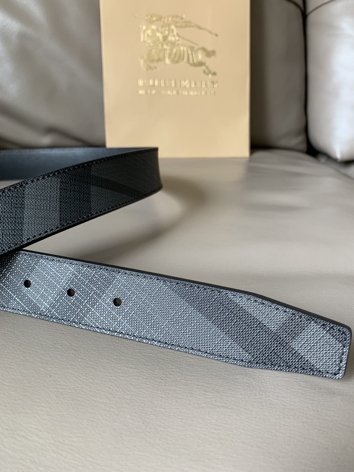 BURBERRY巴宝莉专柜同款vintage格纹拼皮双面用腰带宽3.5cm旋转五金扣环镌刻Burberr