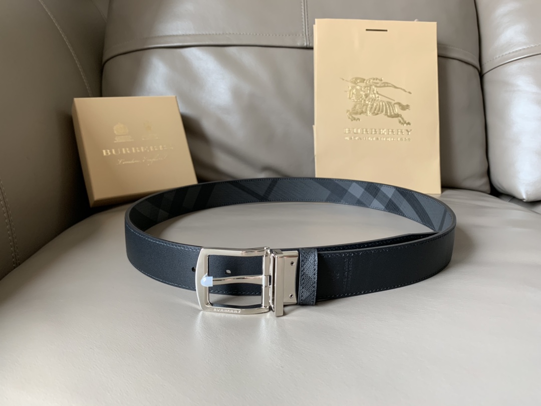 BURBERRY巴宝莉专柜同款vintage格纹拼皮双面用腰带宽3.5cm旋转五金扣环镌刻Burberr
