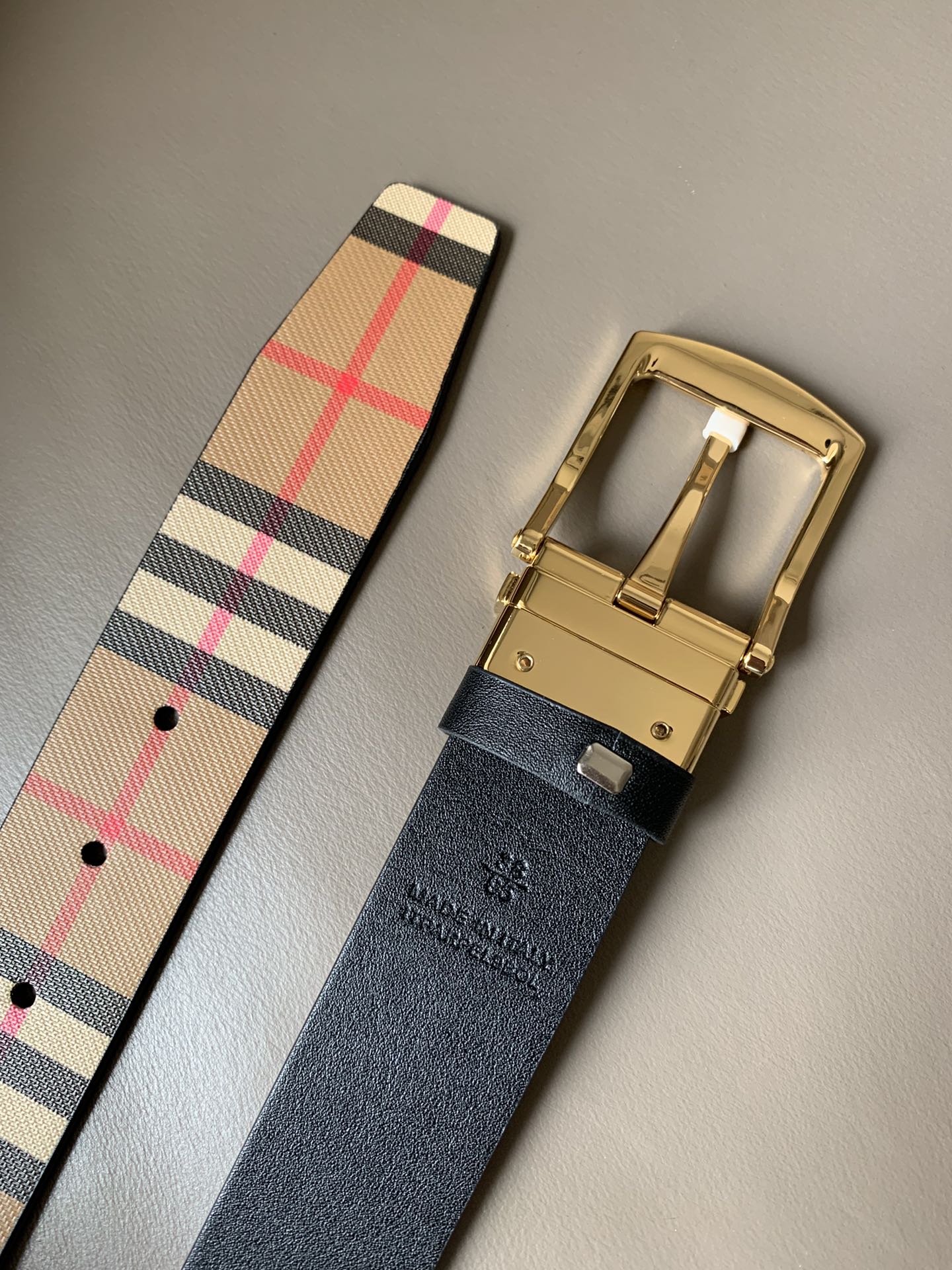 BURBERRY巴宝莉专柜同款vintage格纹拼皮双面用腰带宽3.5cm旋转五金扣环镌刻Burberr