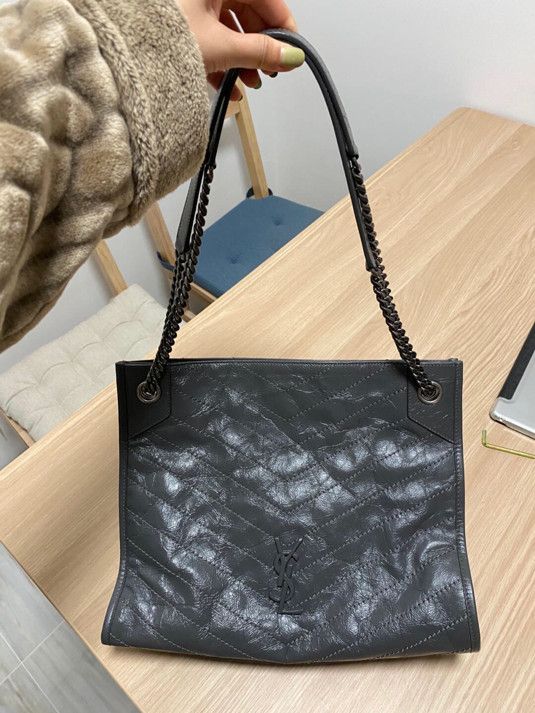 YSL NIKI SHOPPING BAG 33CM 577999深灰色油蜡牛皮