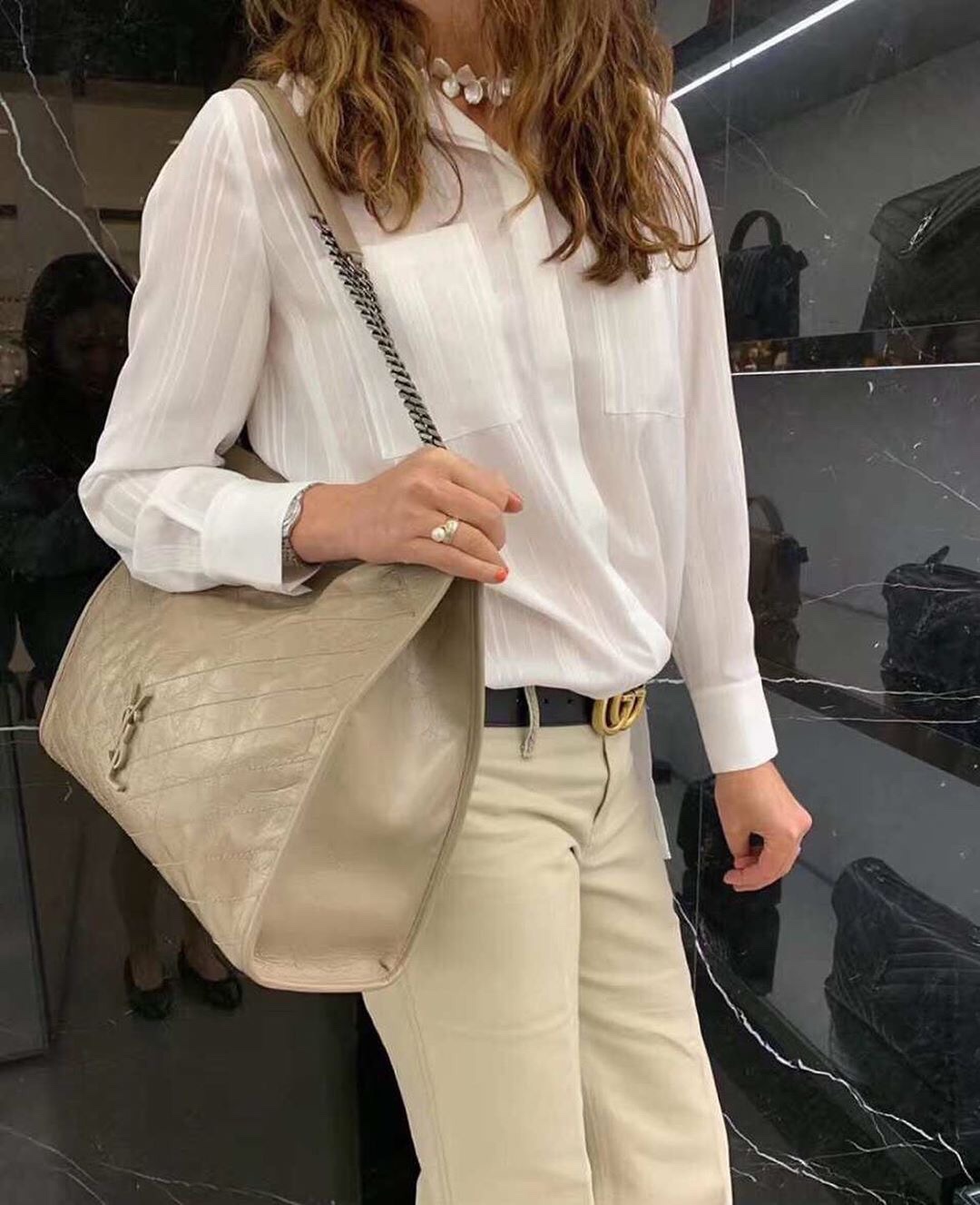 YSL NIKI SHOPPING BAG 33CM 577999奶茶色油蜡牛皮