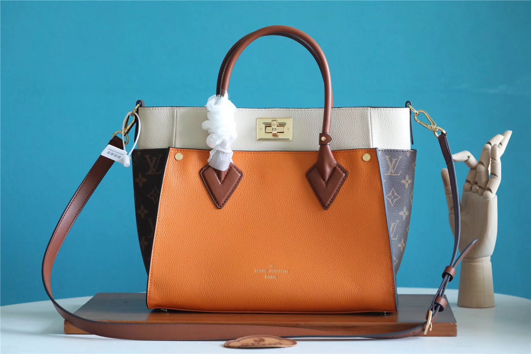 Louis Vuitton LV On My Side Bags Handbags Orange Splicing Monogram Canvas Calfskin Cowhide M56077