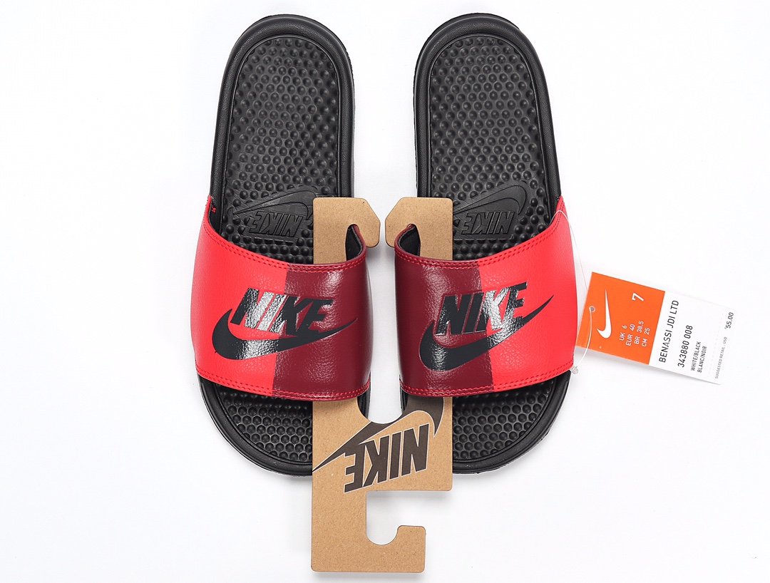 70 Nike Benassi JDI LTD 耐克一字拖 343880-008 黑底 黑红拼接 黑勾 GD权志龙同款夏季沙滩软底凉拖
