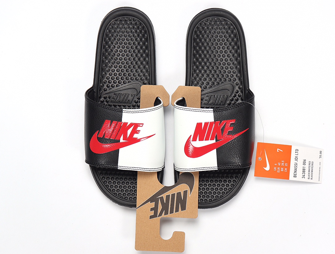 70 Nike Benassi JDI LTD 耐克一字拖 343881-006 黑底 黑白拼接 红勾 GD权志龙同款夏季沙滩软底凉拖