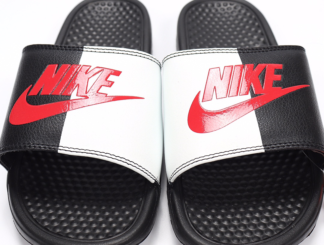70 Nike Benassi JDI LTD 耐克一字拖 343881-006 黑底 黑白拼接 红勾 GD权志龙同款夏季沙滩软底凉拖