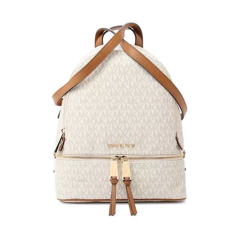 Michael Kors Mk纯原小字母双肩包女包 RHEA ZIP字母双肩包书包旅行包中号MK背包2拼皮 、啡色、白色