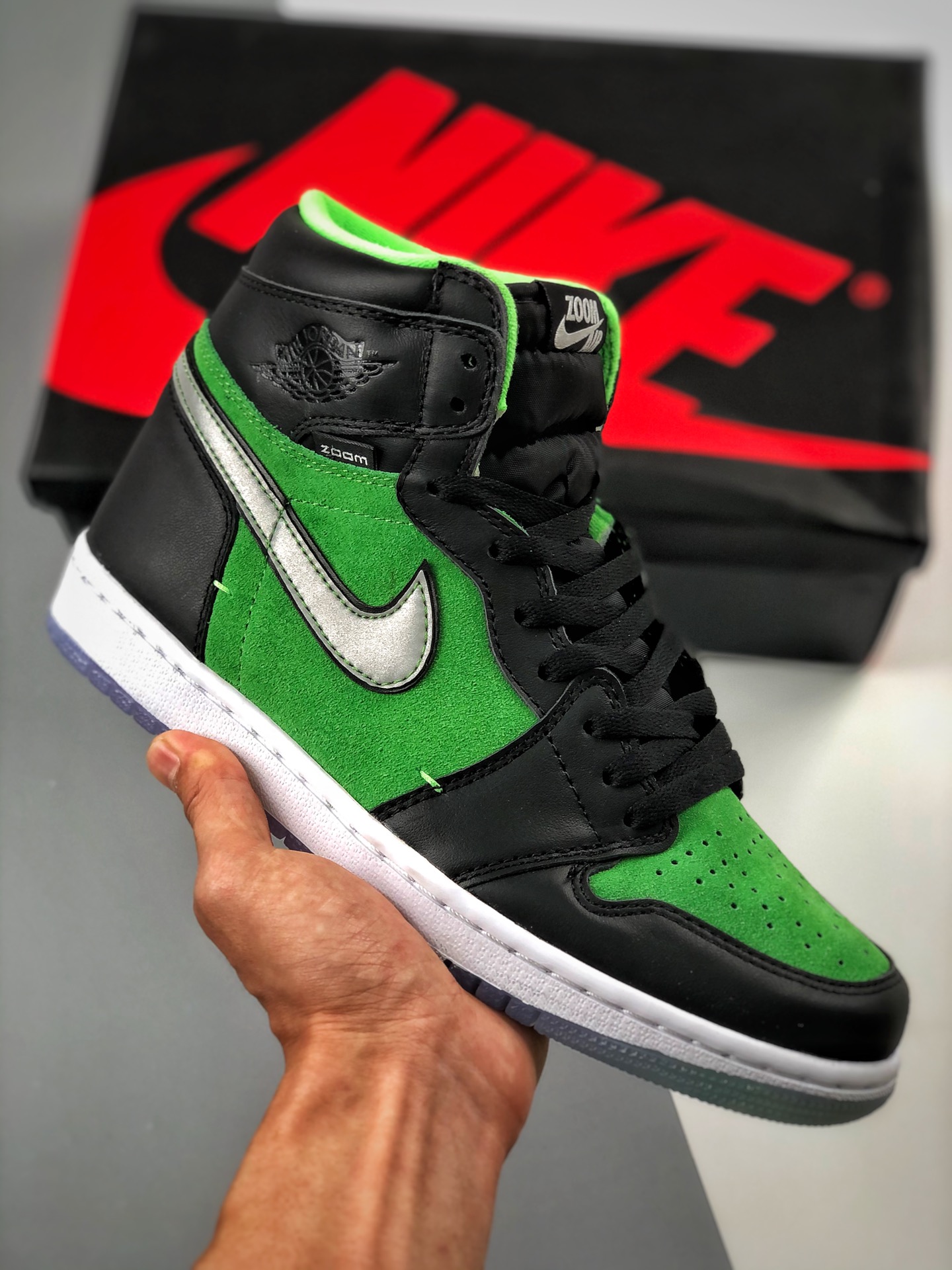 Apoyo contra reembolso Air Jordan 1 Hi Zoom dedo del pie negro y verde, nuevo desarrollo, comparación con zap…