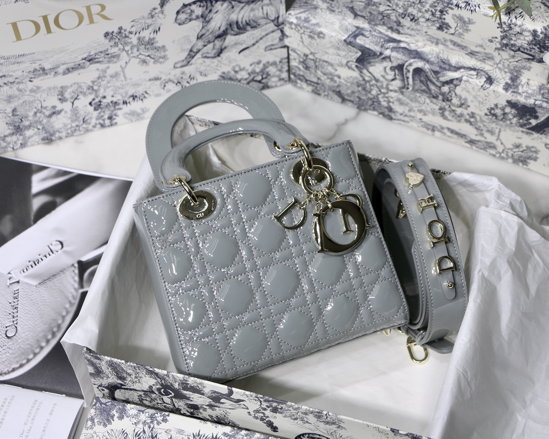 DIOR 戴妃包 岩石灰 漆皮 藤格紋 手提包