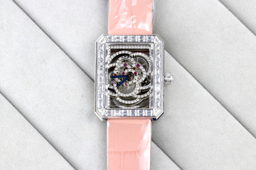 Chanel Première clear gem-set rectangular case / clear gem-set bezel / skeleton dial / black leather strap 26mm Women's Quartz