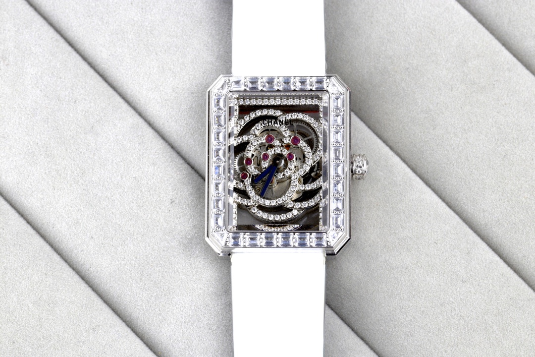 Chanel Première clear gem-set rectangular case / clear gem-set bezel / skeleton dial / black leather strap 26mm Women's Quartz
