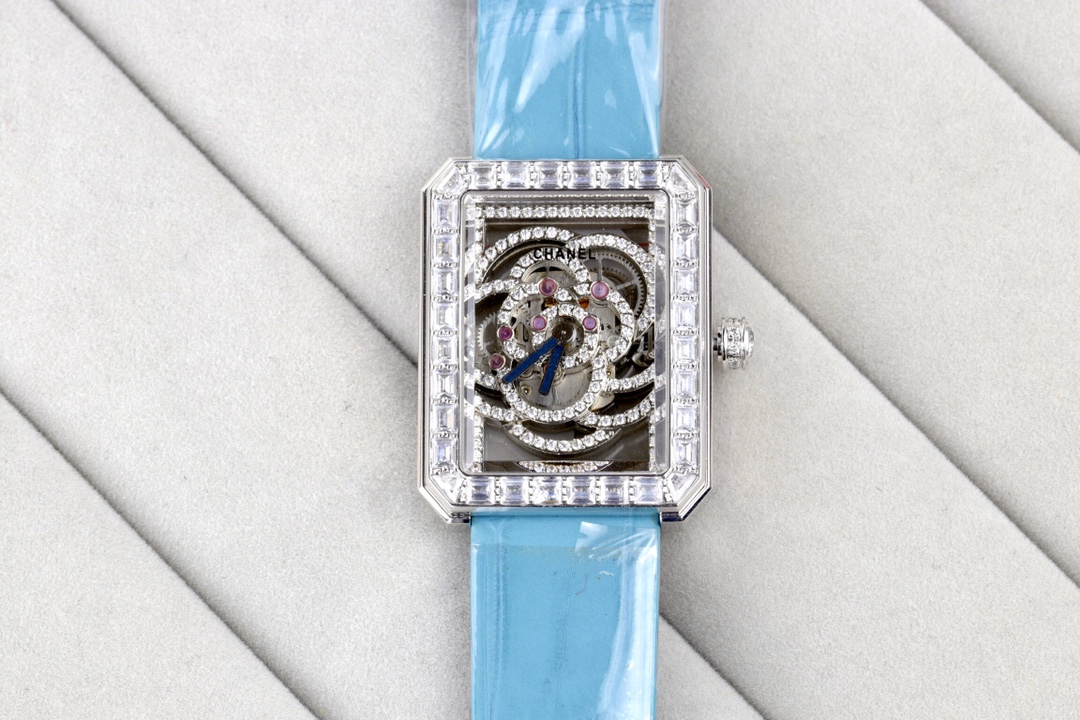Chanel Première clear gem-set rectangular case / clear gem-set bezel / skeleton dial / black leather strap 26mm Women's Quartz