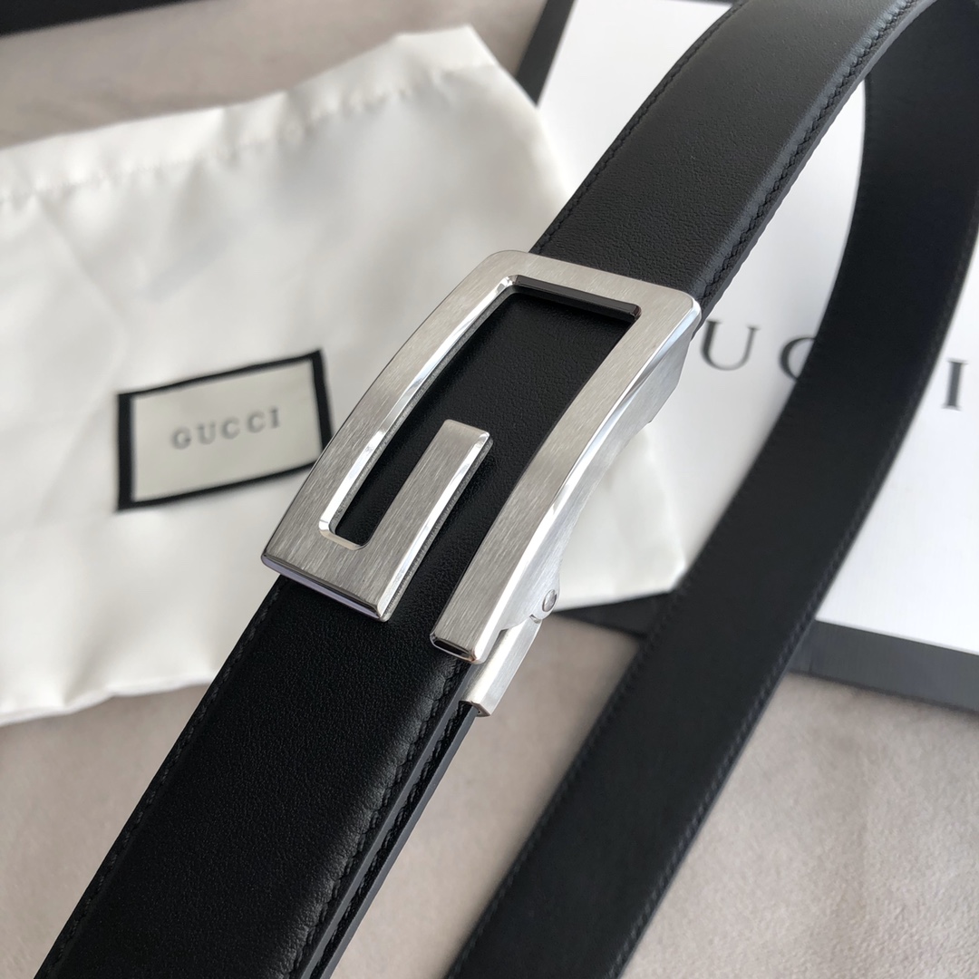 Gucci 代购级 古奇 自动无孔腰带—Gucci古驰 3.5cm男士 G字母自动扣 进口双面头层牛皮腰带 任何服饰均能驾驭