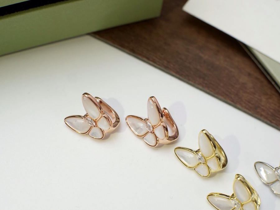 Van Cleef Arpels Two Butterfly earrings Rose gold yellow gold silver-toned white gold with white mother-of-pearl and clear diamond accents 12mm