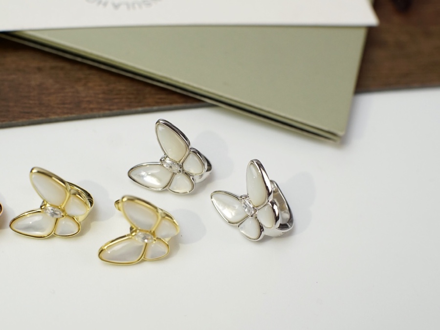 Van Cleef Arpels Two Butterfly earrings Rose gold yellow gold silver-toned white gold with white mother-of-pearl and clear diamond accents 12mm