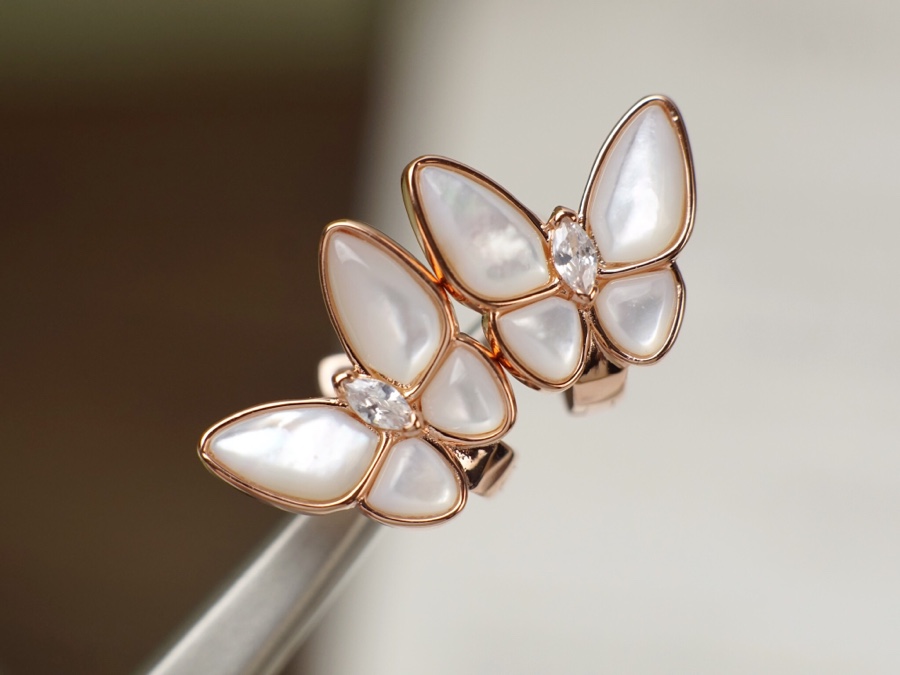 Van Cleef Arpels Two Butterfly earrings Rose gold yellow gold silver-toned white gold with white mother-of-pearl and clear diamond accents 12mm