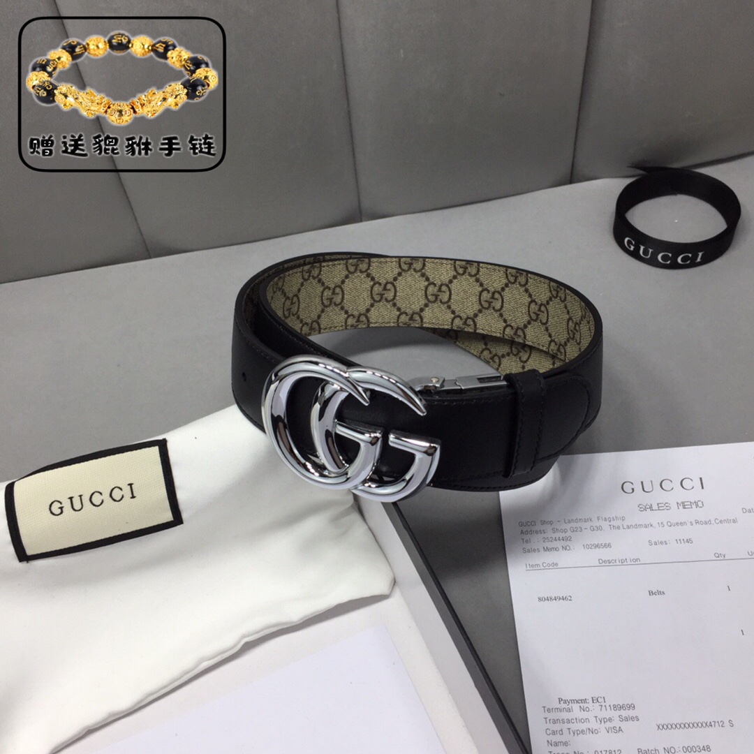 GUCCI.古奇，高级人造革配进口小牛皮底，采用环保工艺制作而成，配以高档皮质滚边，钯色金属旋转钢扣，宽